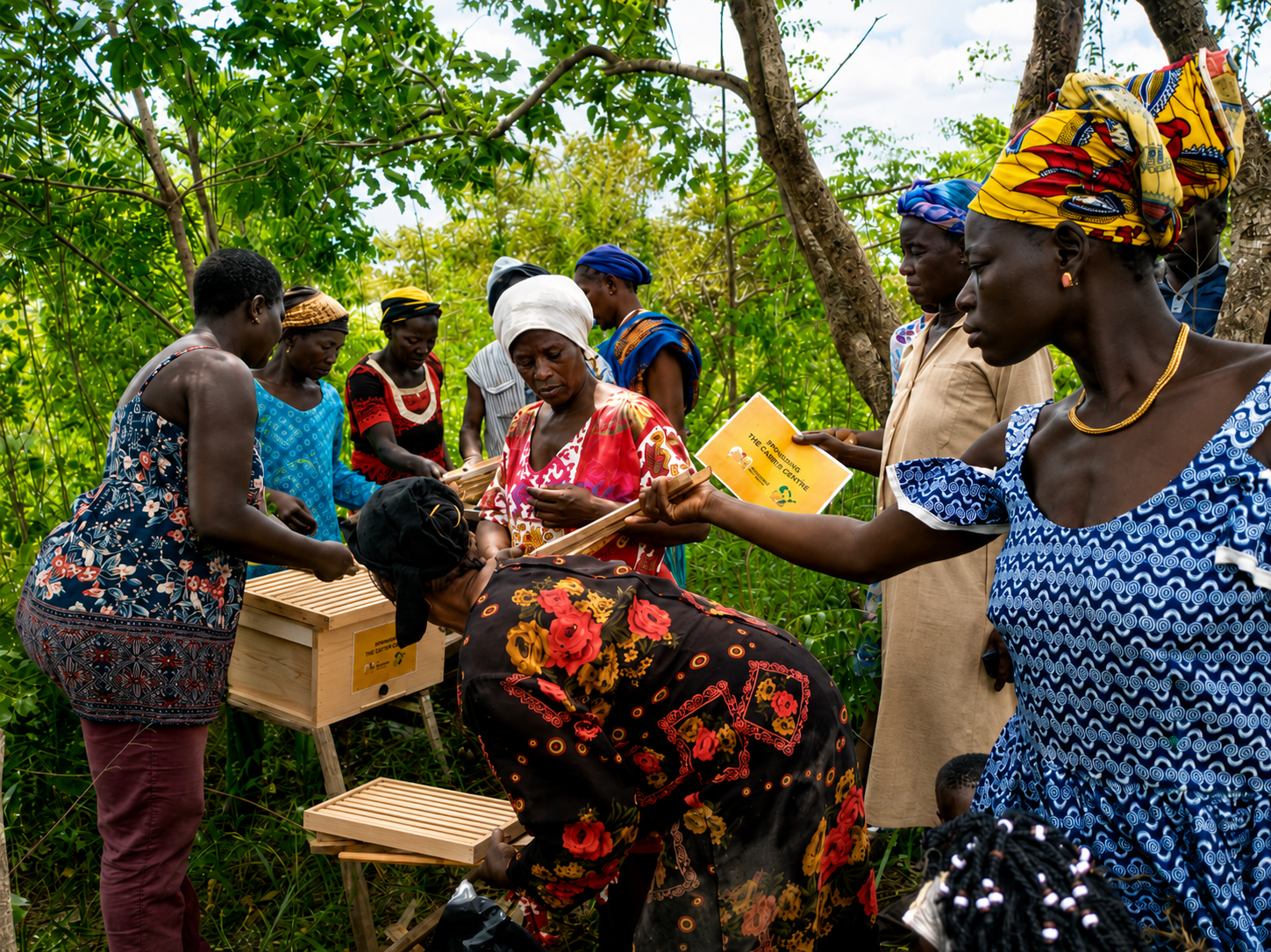 Women assembling wooden beehive boxes outdoors