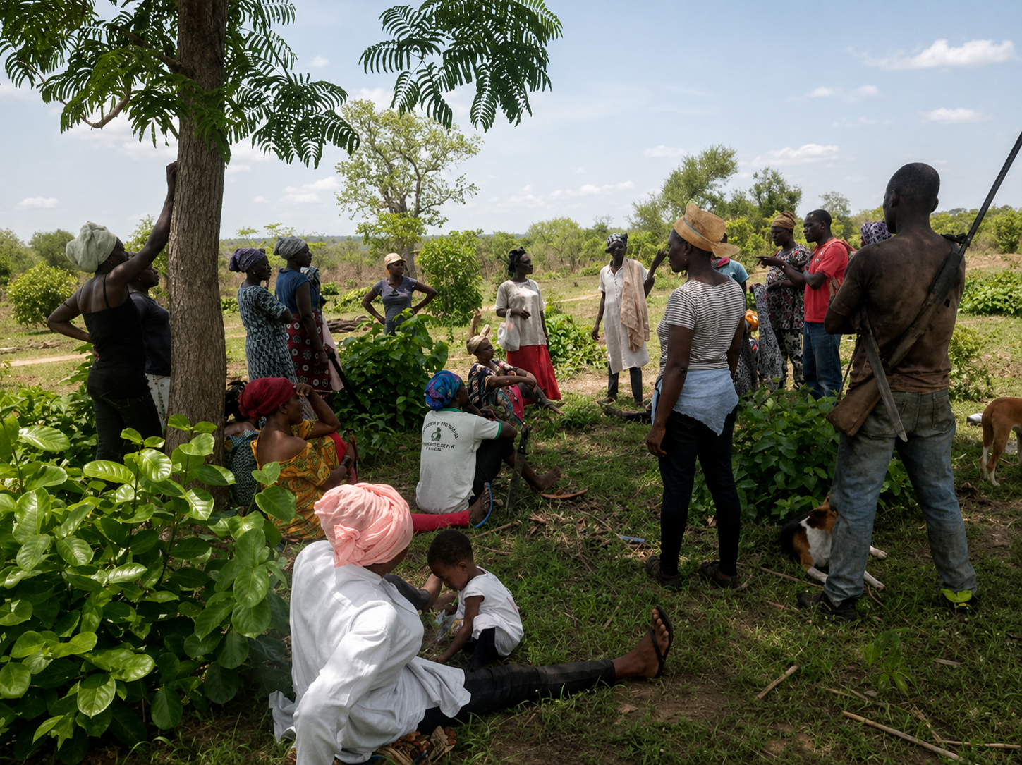 A group gathered outdoors under a tree during a field briefing