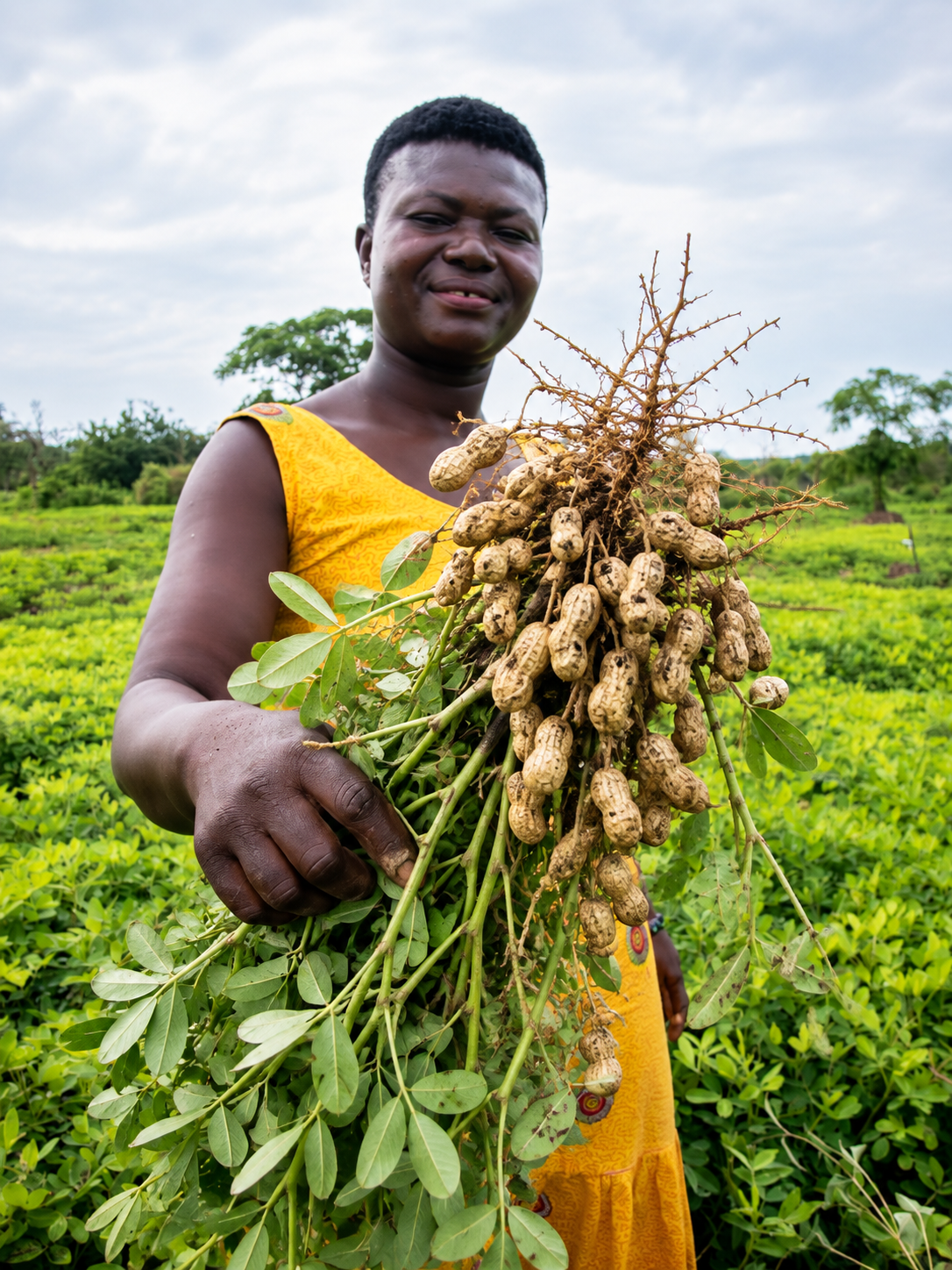 A man holding freshly harvested groundnuts in a field