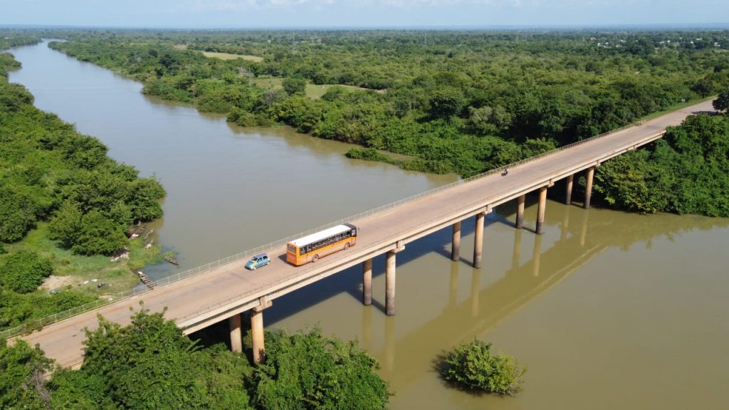 Aerial view of a road bridge crossing the Black Volta River