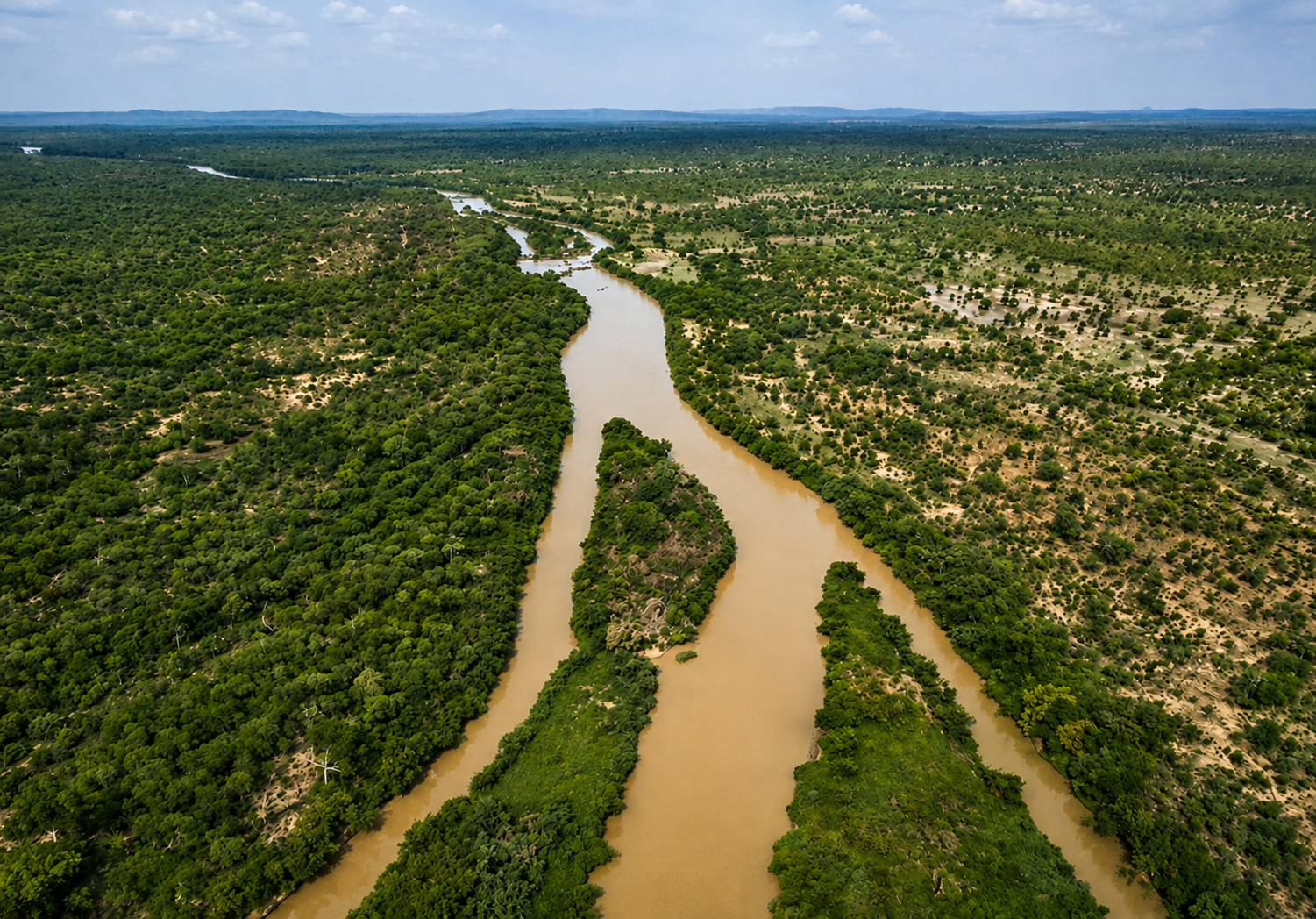 Aerial view of the Black Volta River winding through a wooded landscape
