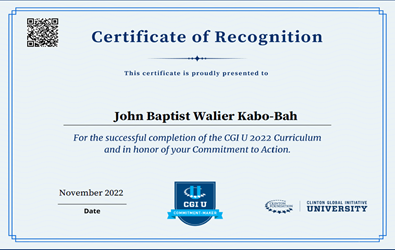 Certificate of Recognition issued to John Baptist Walier Kabo-Bah for completion of the CGI U 2022 Curriculum