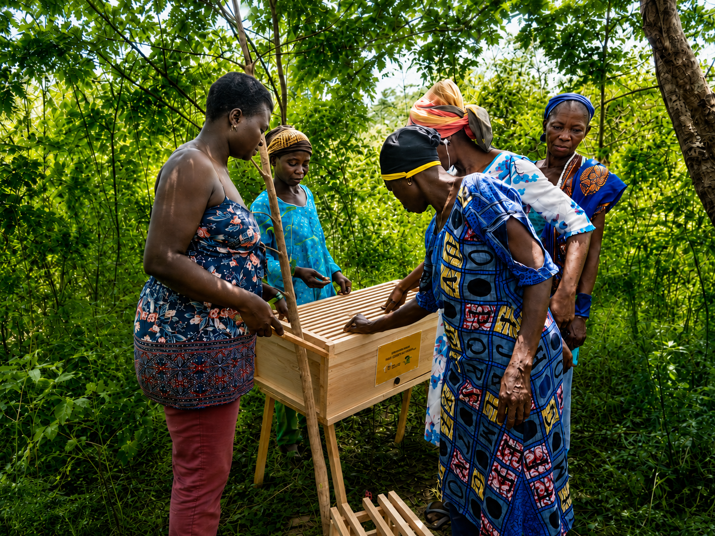 Women examining a wooden beehive outdoors
