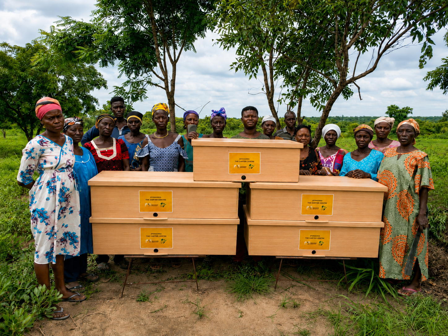 Women standing outdoors with wooden beehives